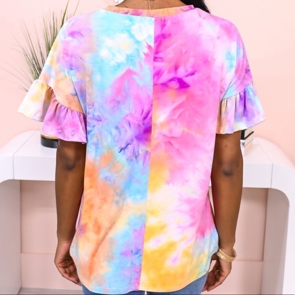 Tye Die Dolman Ruffle Knit Top with Pocket - Picture 4 of 6